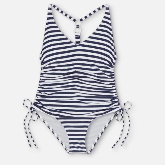 Kona Sol Navy & White Striped 2 Ring Back Side Sinch Swimsuit Size M (8-10) - Picture 3 of 12